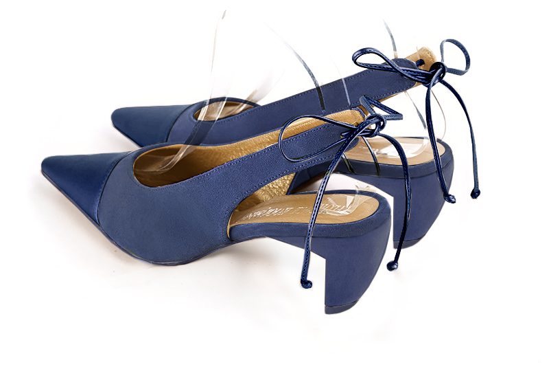 Prussian blue women's slingback shoes. Pointed toe. Medium comma heels. Rear view - Florence KOOIJMAN